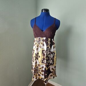 bebe Brown Knit & Yellow Floral Silk Summer Dress See Pics Measurements